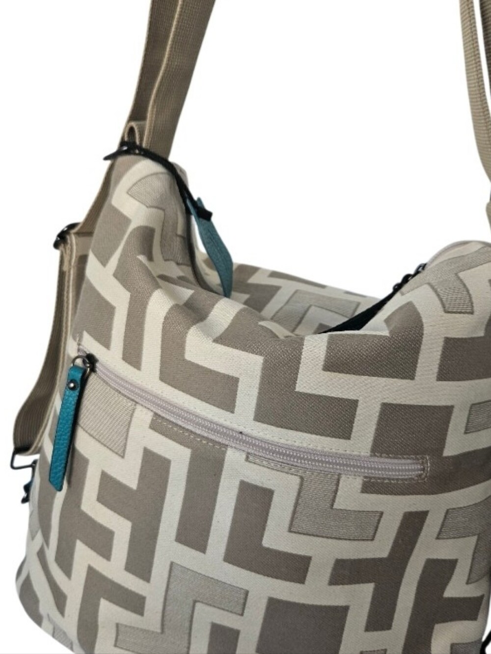 Forest Canvas Geo-Pattern Backpack -Sholder Bag with Teal Leather Pocket - Picture 8 of 16